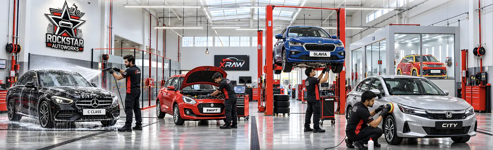A bright Rockstar Autoworks workshop with technicians washing, servicing, diagnosing and detailing cars on red-and-black lifts