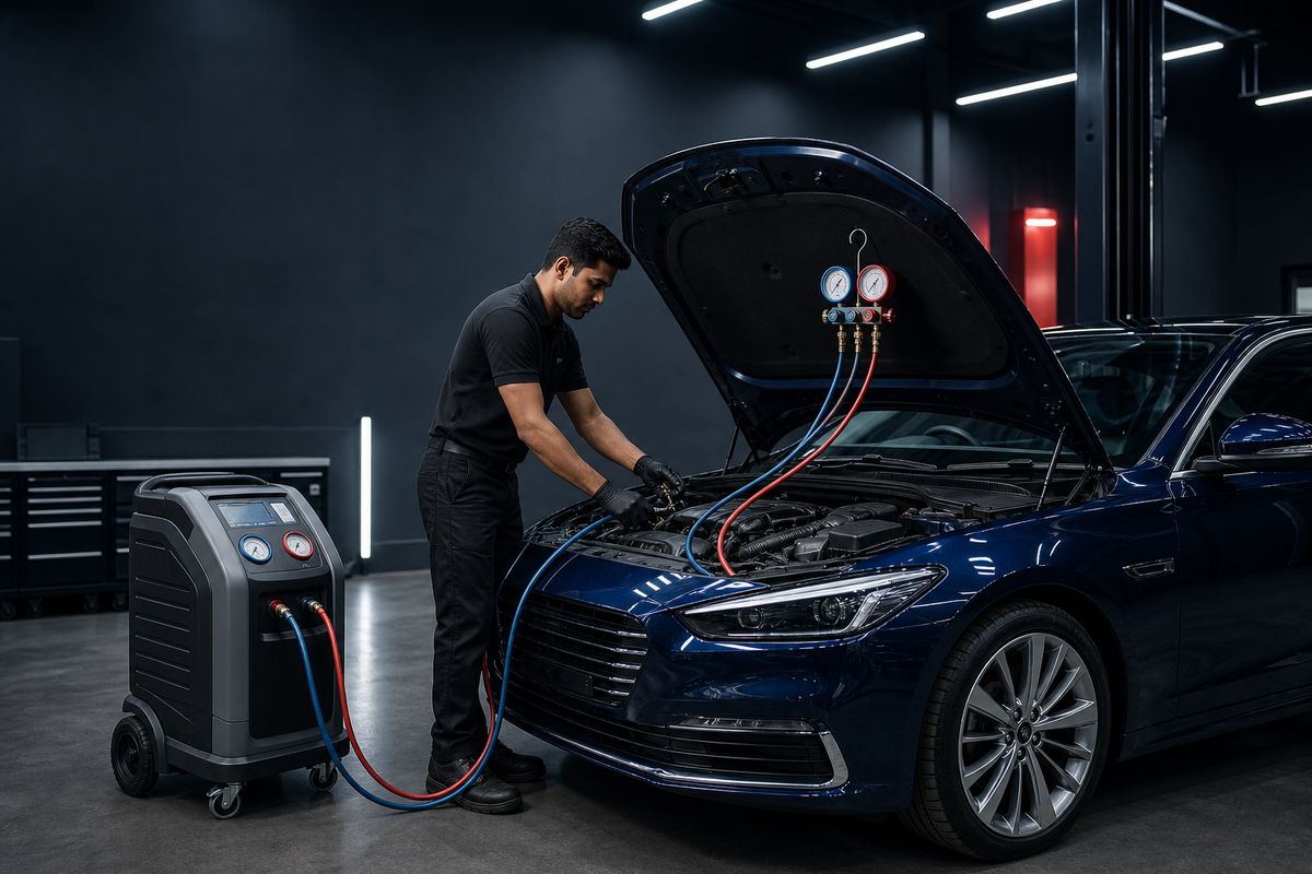 Technician servicing a blue sedan's AC system with manifold gauges and recovery equipment.