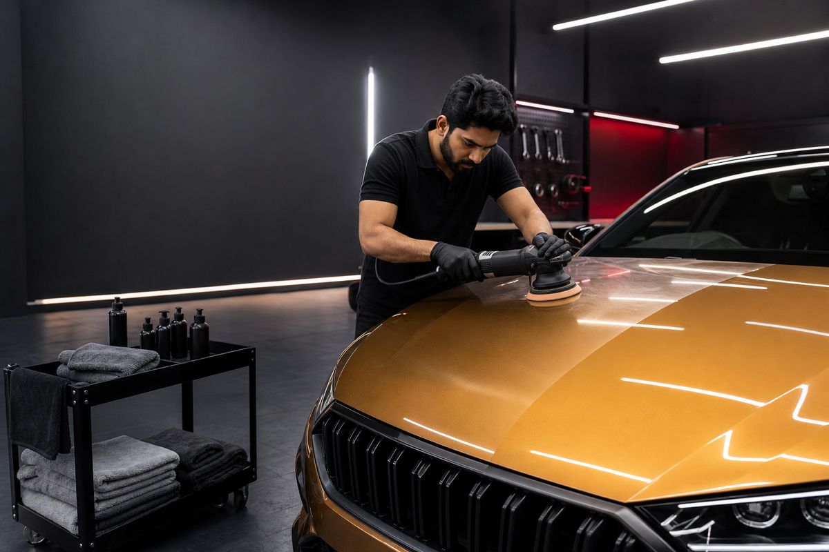Detailing specialist machine-polishing a bronze-gold sedan under inspection lights.