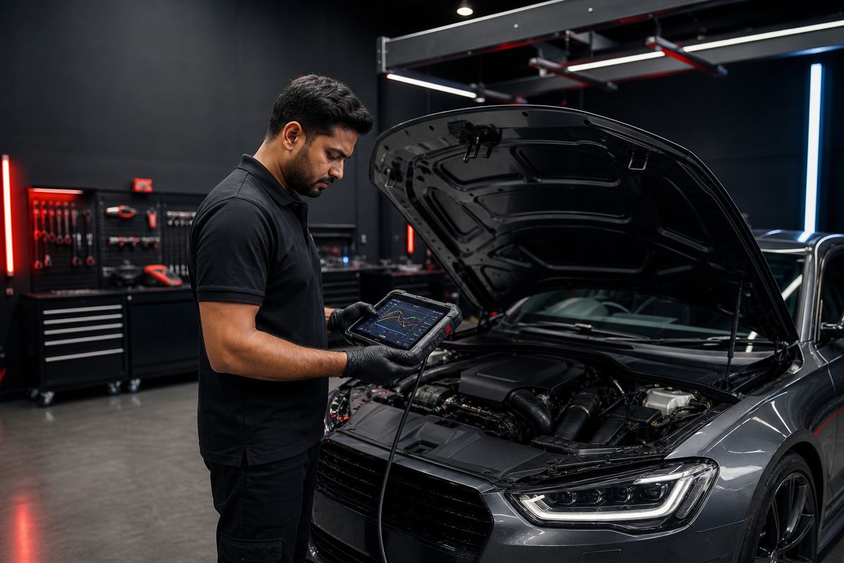 Automotive diagnostician using a connected professional tablet beside a metallic sedan.