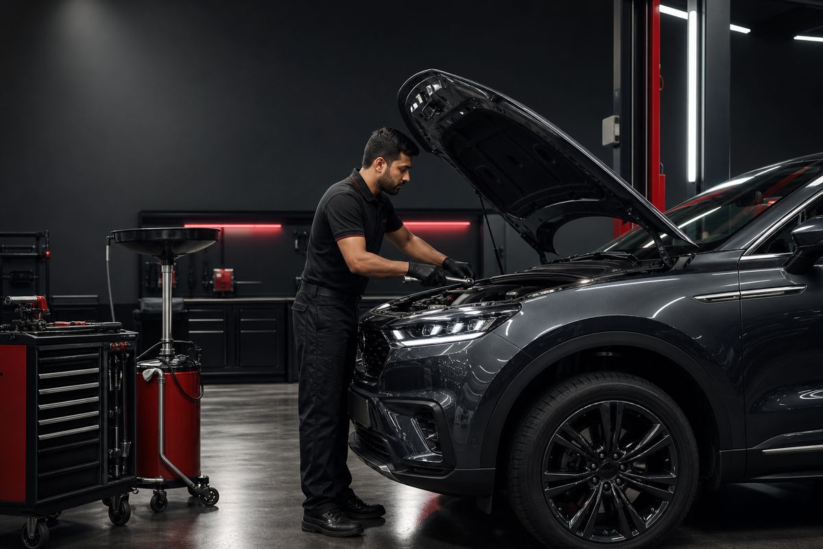 Technician servicing a graphite SUV in Rockstar Autoworks' premium workshop.