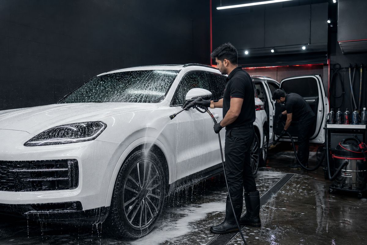 Technician pressure-rinsing foam from a pearl-white SUV while the interior is vacuumed.